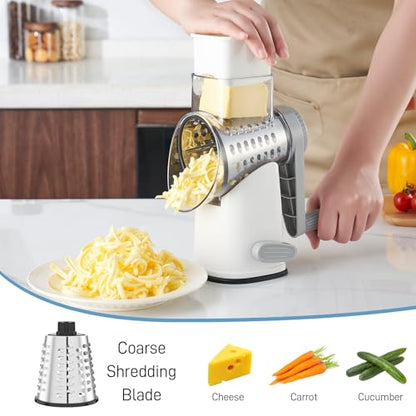 VEKAYA Rotary Cheese Grater Hand Crank with 4 Interchangeable Stainless Steel Blades, Large Manual Handle Shredder and Waffle Slicer for Vegetables, Cheese and Nuts with Table Suction Base(White Grey) - color: White Grey