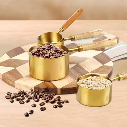 Gold Measuring Cups and Spoons Set,8 Piece Premium Stainless Steel Measuring Cups with Wood Handles,4 Stackable Wooden Measuring Cups and 4 Measuring Spoons Set for Baking Supplies in the Kitchen - color: Gold-8Piece