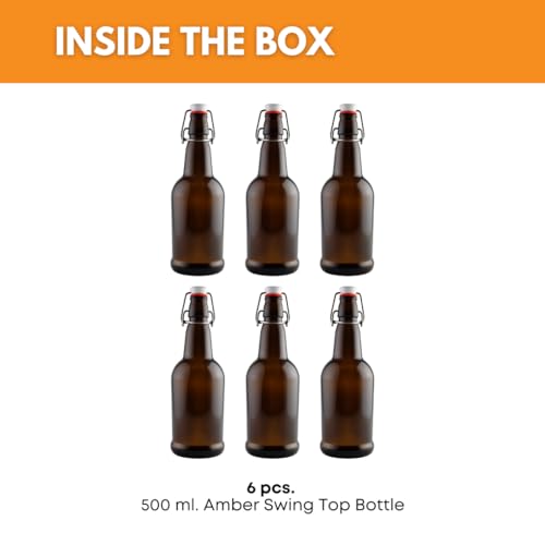 FastRack Swing Top Glass Bottles 16 oz – Pack of 6 | Amber Flip Top Glass Bottles with Airtight Lids | Resealable Grolsch-Style Fermentation Bottles for Kombucha, Beer, Mead, Soda, Vinegar & Water - color: Amber