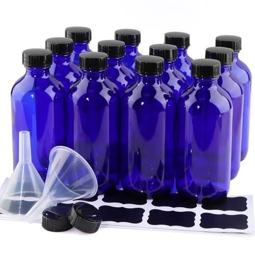 PINIWON 12 Pack 8 oz Cobalt Blue Glass Bottles, 240ml Boston Round Sample Bottles with Black Poly Cone Caps, Labels and Funnels - color: Cobalt Blue-12 pack
