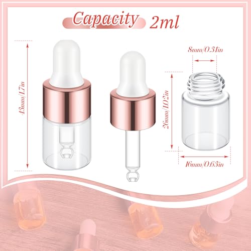 Didaey 100 Pcs 1/2/3/5/10/15 ml Mini Glass Oil Dropper Bottle Bulk, Clear Essential Small Empty Bottles Sample Containers Perfume Liquid Vials with Cap for Traveling (2 ml,Rose Gold) - color: Rose Gold, size: 2 ml