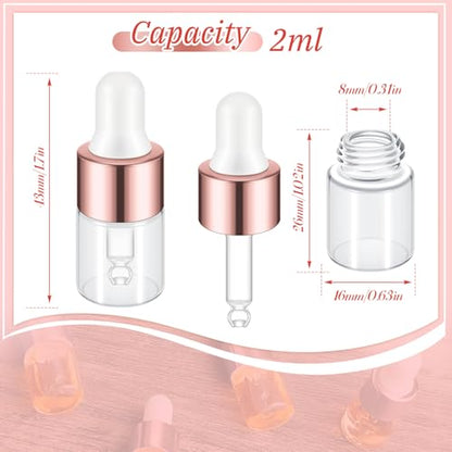 Didaey 200 Pcs 1/2/3/5/10/15 ml Mini Glass Oil Dropper Bottle Bulk, Clear Essential Small Empty Bottles Sample Containers Perfume Liquid Vials with Cap for Traveling (2 ml,Rose Gold) - color: Rose Gold, size: 2 ml