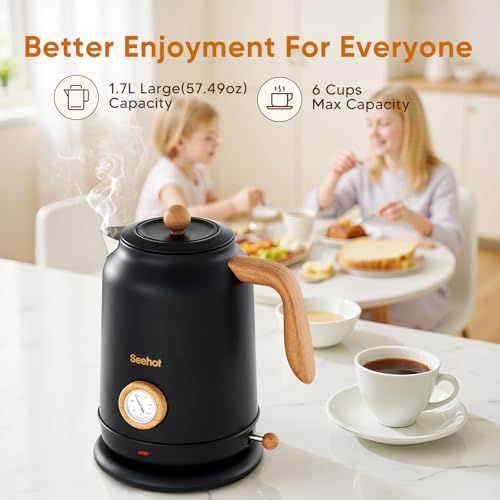 Seehot® Electric Kettle With Thermometer, 1.7L Electric Tea Kettle, 1200W Hot Water Kettle Electric, Auto Shutoff, Boil-Dry Protection, 304 Stainless Steel, Cordless Base, Black - color: Black