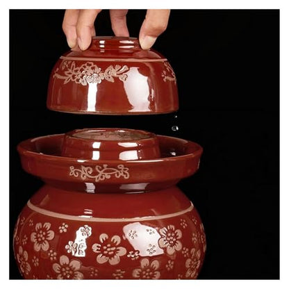 Red Traditional Chinese Porcelain Pickle Jar - Ceramic Fermentation Crock with Water Seal Airlock Lid for Kimchi and Sauerkraut