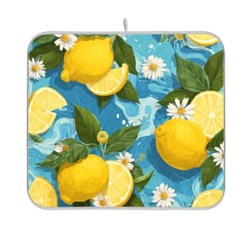 Blue Summer Wave Lemons Daisy Dish Drying Mat for Kitchen Counter Kitchen Drying Mat Dish Rack Mat Dish Drainer Pad Microfiber Absorbent Washable Drying Pad for Countertop 16 x 18 - color: Blue Summer Wave Lemons Daisy, size: 16'' x 18''
