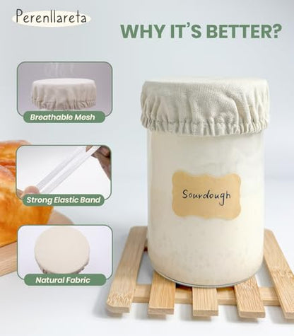 Kombucha Cloth Cover for Weck Jars Wide Mouth | Elastic Cotton Toppers Fabric Fermenting Lid Covers for Sourdough Kefir Starter Ball Mason Gallon Jar - style: Thicker Khaki Cotton