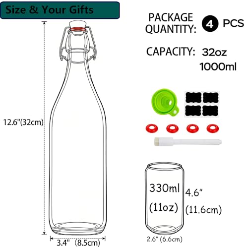 ZEBEIYU 32oz Beer Bottle,Swing Top Glass Kombucha Bottles with Stoppers for Brewing, Beverages, Smoothies, Kefir, Beer, Soda, Juicing, Kombucha, Oil, Water, Milk, Vinegar(4 Pack)