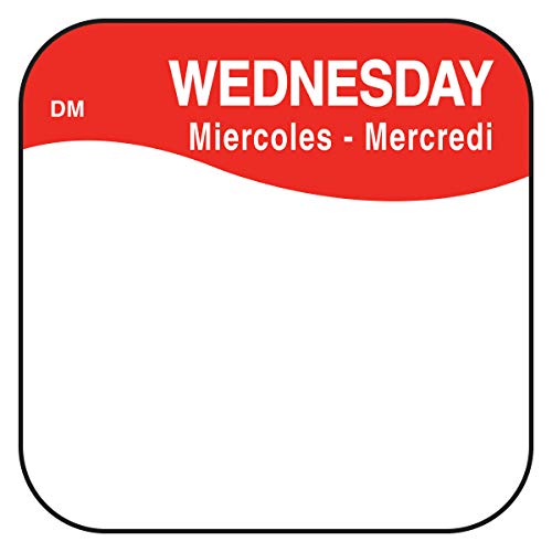 DayMark DissolveMark Day of the Week Trilingual Dissolvable Label, Wednesday, 3/4" x 3/4", Red (Roll of 1000) - size: Wednesday