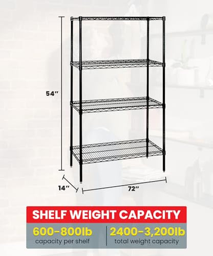 Quantum Storage Systems WR54-1472BK-5 Wire Shelving Starter Kit, 72" W x 14" D x 54" H, 600 lbs Capacity, Carbon Steel, Epoxy Coated, Black, NSF - color: Black Epoxy, size: 54H x 72W x 14D