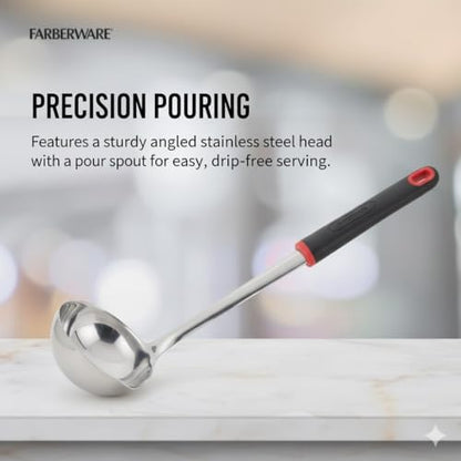 Farberware Stainless Steel Soup Ladle with Pour Spout, 12.5-Inch Kitchen Ladle Spoon for Soups, Stews, and Sauces - Dishwasher Safe Serving Ladle
