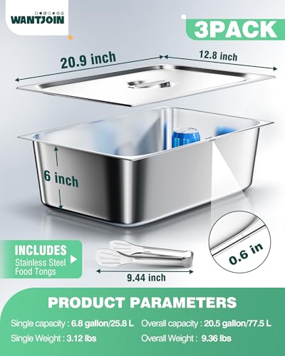 WantJoin Steam Table Hotel Pans with Lid 1/1 Full Size 6 Inch Deep 3 Pack, Stainless Steel Metal Tray Sets Food Storage Container, Commercial Restaurant Chafing Dishes Buffet Warmer Catering Supplies - color: 6" Deep 3 Pack, size: 1/1 Size