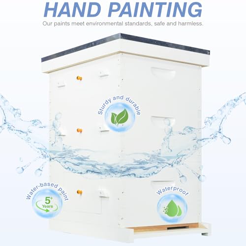 BeeTech 10 Frame Langstroth Bee Hive Coated with Spray Paint, Complete Beehive kit with Unassembled Frame and Foundation for Beekeeper Beginner(2 Deep Boxes and 1 Super Box) - size: 2 Deep + 1 Super