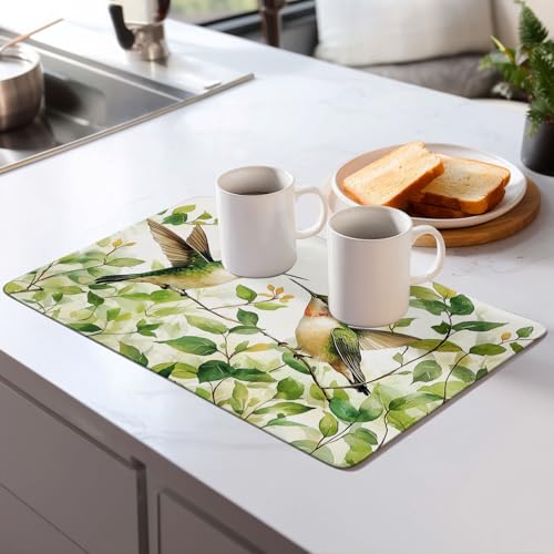 Green Hummingbird Dish Drying Mat for Kitchen Counter Microfiber Super Absorbent Non-Slip Dish Drying Pad for Countertops Dishes Utensils Stylish Quick-Dry Machine Washable 18x24 Inch - color: Green Plants Hummingbird