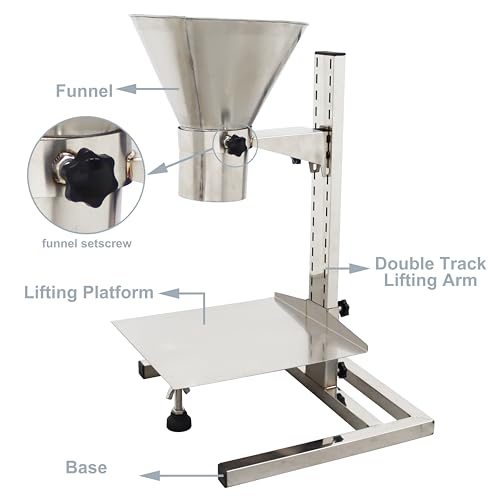 TECHTONGDA Stainless Steel Funnel Food Grade Kitchen Feeding Hopper with Support Stand and Lifting Platform for Powder, Paste, Liquid, Granule Manual Filling Package Bottom Diameter 3.9 Inch