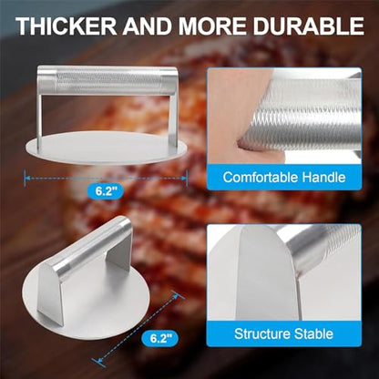 6.2" Burger Press & 14" Melting Dome Set for Blackstone Griddle Accessories | Food-grade stainless steel. Melts cheese fast, presses patties evenly. Easy to clean. Fits most flat top grills. - size: 6.2'' Burger Press+14'' Rectangular Dome-2PCS
