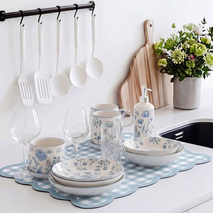 Scalloped Gingham Coffee Mat 12" x 20" Absorbent Coffee Bar Mat Brown Gingham Espresso Matt for Counter(Blue) - color: Blue