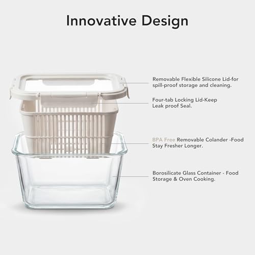 GENICOOK Glass Produce Storage Containers for Fridge, 2-Pack – Airtight Fruit & Vegetable Containers with Removable Colanders, Flexible Silicone Lids,LeakProof, BPA-Free Borosilicate Glass - color: Beige