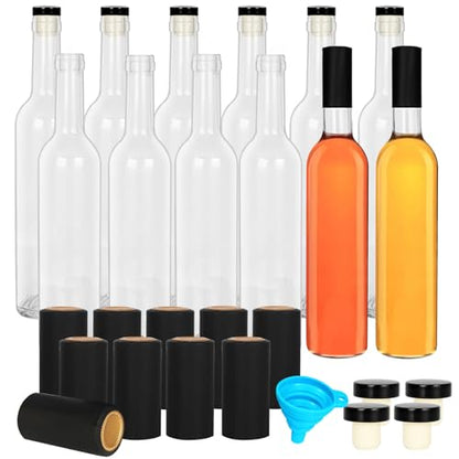 DHSBTLS 12 Pack 500 ml/16 oz Clear Glass Bottles With Cork Lids & Seal Shrink Capsules Caps,Home Brewing Wine & Juicing Bottles For Bordeaux Wine,Beverage, Sparkling Wine,Kefir,Decor | 500ml Home Brewing Bottles with Shrink Capsules, Juicing Bottles for B