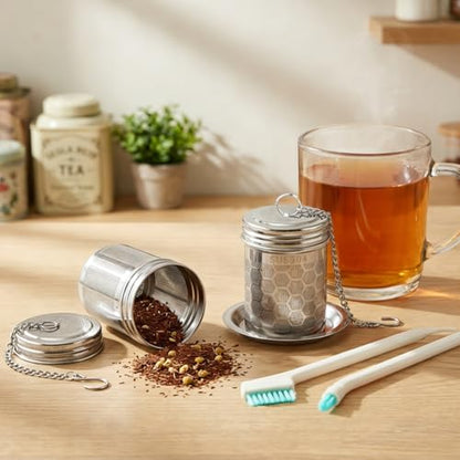 2 Pack Tea Infuser, Extra Fine Mesh Tea Steeper with Extended Chain S Hook and 2PCS Crevice Cleaning Brushes, 304 Stainless Steel Tea Strainers for Tea, Spices, Herbs & Seasonings