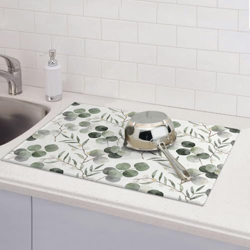 Sage Green Dish Drying Mat, for Spring Kitchen Counter Microfiber Absorbent, Sage Leaves Dish Draining Mat Extra Large 18"x24" - color: Sage Green