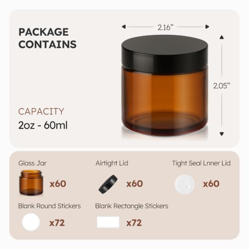 2 oz Glass Jars with Lids, 60 Pack Amber Small Glass Jars with Black Lids Leakproof Round Airtight Empty Cosmetic Travel Containers with Inner Liners For Lotions Powders and Candle Making - color: Amber-Black Lids, size: 2 Ounces
