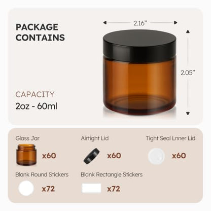 2 oz Glass Jars with Lids, 60 Pack Amber Small Glass Jars with Black Lids Leakproof Round Airtight Empty Cosmetic Travel Containers with Inner Liners For Lotions Powders and Candle Making - color: Amber-Black Lids, size: 2 Ounces