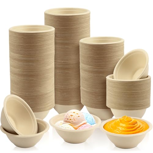 LeonBach 150 Pack 6oz Natural Bagasse Fiber Bowls, Small Disposable Paper Bowls Microwavable Safe Sample Snack Cups Charcuterie Serving Cups for Sauce Portion Condiment Ice Cream Desserts - color: Brown, style: 6oz-150 Pack