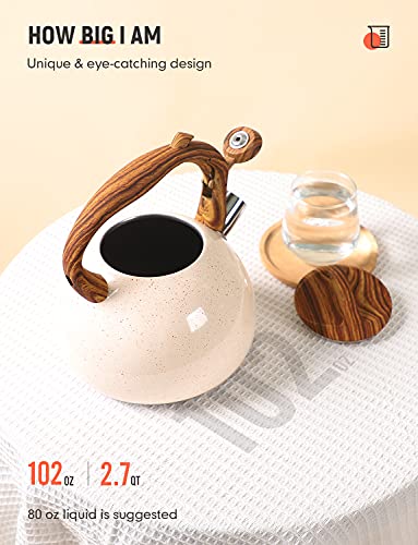 BELANKO 2.7 Quart Tea Kettle for Stovetops - Food Grade Stainless Steel Teapot with Loud Whistle, Cool-Touch Wood Pattern Handle, Rust-Resistant Whistling Kettle - Starry Cream - color: Starry Cream