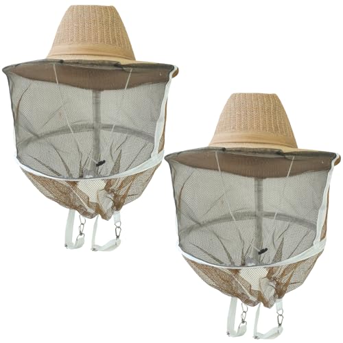 2 Pack Beekeeping Hat with Veil, Ventilated Bee Keeper Hat with Long Elastic Shoulder Strap Bee Keeping Supplies for Men Women Outdoor Fishing Hiking, Mosquito Net Hat - size: 2PCS