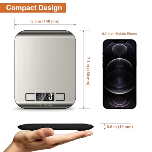 CROWNFUL Food Scale, 11 lb Digital Kitchen Scales with Built-in Coin Battery, Weight Ounces and Grams for Cooking and Baking, 6 Units with Tare Function, LCD Display, 304 Stainless Steel - size: Medium
