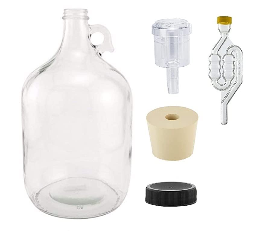North Mountain Supply 1 Gallon Glass Fermenting Jug with Handle, Size 6.5 Rubber Stopper, 6 Bubble Airlock, 2 Piece Airlock, Black Plastic Lid, Set of 2
