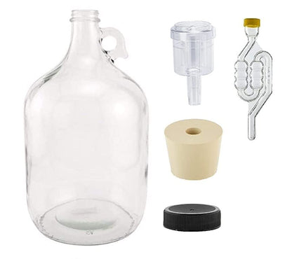 North Mountain Supply 1 Gallon Glass Fermenting Jug with Handle, Size 6.5 Rubber Stopper, 6 Bubble Airlock, 2 Piece Airlock, Black Plastic Lid, Set of 2