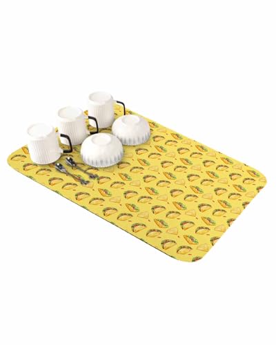 Yellow Tacos Dish Drying Mat for Kitchen Counter, Drying Mats Super Absorbent Microfiber Kitchen Countertop Protector Dishes Pad 16"x18", Cheese Vegetables Cartoon Food - size: 18" x 16"
