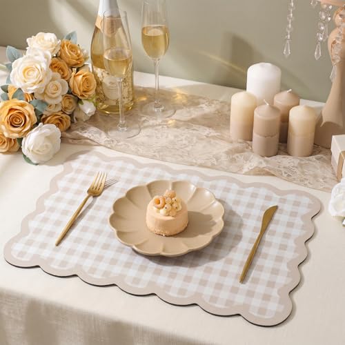Scalloped Gingham Coffee Mat 12" x 20" Absorbent Coffee Bar Mat Gingham Espresso Matt for Counter(Brown) - color: Brown