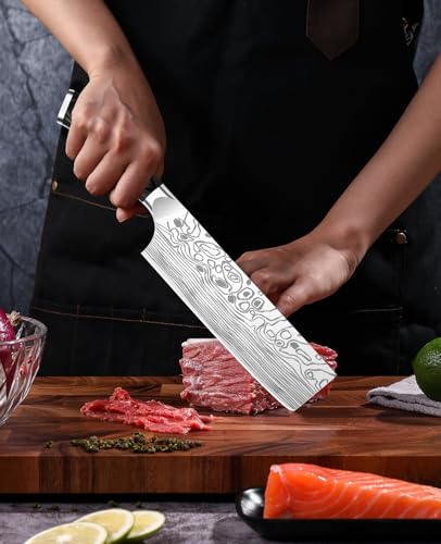 MOSFiATA 7” Nakiri Chef's Knife with Finger Guard, German High Carbon Stainless Steel EN1.4116 Vegetable Knife, Multipurpose Kitchen Knife with Micarta Handle in Gift Box - style: 7 inch Nakiri knife