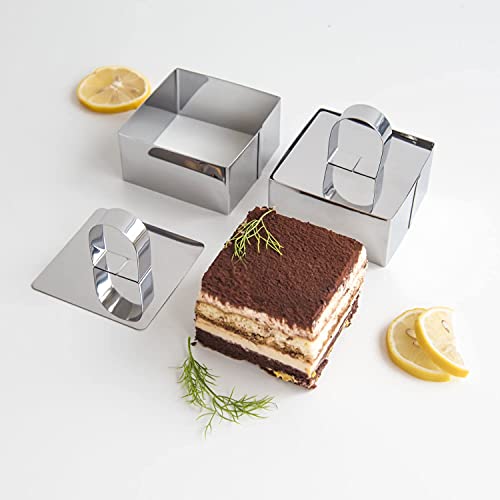 Uncle Jack 4 Pieces Food Ring Molds Set, Stainless Steel Cake Ring Mold with Pusher, for Kitchen Tools, Baking Pastry, Cake, Mousse (Include 4 Rings and 2 Pushers) - size: Square 2 PCS 3 1/8" + 2 PCS 2 3/8"