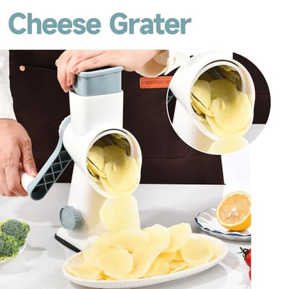 Rotary Cheese Grater with Handle Kitchen Shredder Slicer Grater Slicer Ice Shaver Cheese Vegetable Nuts Potato Zucchini Chocolate 3 Interchangeable Blades (WhiteBlue) - color: WhiteBlue