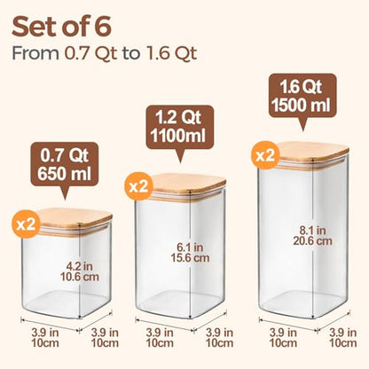 ComSaf Glass Pantry Storage Containers (0.7Qt/1.2Qt/1.6Qt) Set of 6, Glass Storage Containers with Lids, Kitchen Food Storage Jar, Square Glass Jars for Flour Cereal Sugar Tea Coffee Beans Snacks - size: 0.7Qt*2/1.2Qt*2/1.6Qt*2