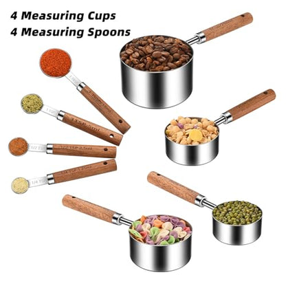 Wooden Handle Measuring Cups & Spoons Set 8-Piece – Stainless Steel, Stackable, Rustic Farmhouse Kitchen Gadgets, Non-Toxic, Dishwasher Safe, Gift for Bakers & New Homeowners. - size: Silver-wood handle