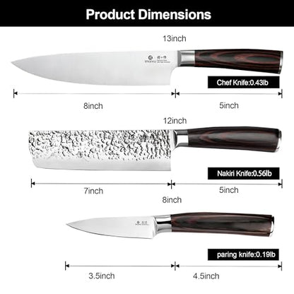 imarku 3 Pieces Knife set, Japanese HC Stainless Steel Kitchen Knife Set, Professional Chef Knife Set With Ergonomic Pakkawood Handle, Ultra Sharp Knives Set for Kitchen & Home Cooking, Gifts Box - color: Red-brown