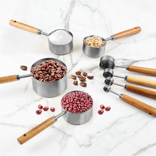 Measuring Cups and Spoons Set，Measuring Cup Set with Wooden Handle and Metric and US Measurements，Silver Polished Finish，for Cooking and Baking in The Kitchen (8 Piece) - color: Silver