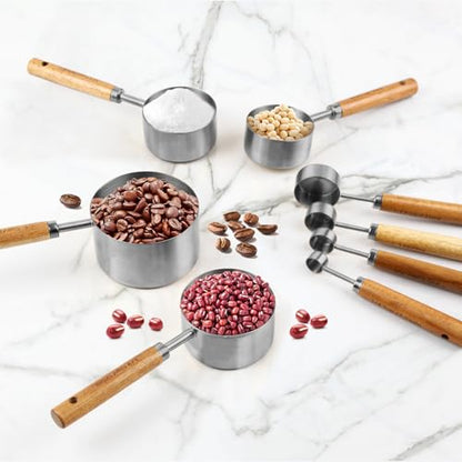 Measuring Cups and Spoons Set，Measuring Cup Set with Wooden Handle and Metric and US Measurements，Silver Polished Finish，for Cooking and Baking in The Kitchen (8 Piece) - color: Silver