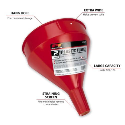 Performance Tool W54276 All Purpose 2 Quart Plastic Funnel with Straining Screen, Rugged and Corrosion Resistant, Capacity Indicated when Outlet is Blocked
