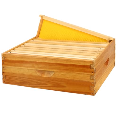 10 Frame Bee Hive Box, Langstroth Medium Super Bee Box Dipped in 100% Beeswax Include Beehive Frames and Waxed Foundation Sheets (Unassembled) - size: Medium Box
