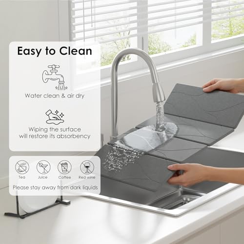 3 PCS Large Stone Dish Drying Mat for Kitchen Counter -24"x16" Absorbent Diatomaceous Earth Mat with Stone Faucet Mat & Soap Tray - Quick Dry, Collapsible, Non-Slip Countertop Organizer - color: Striped carving patterns