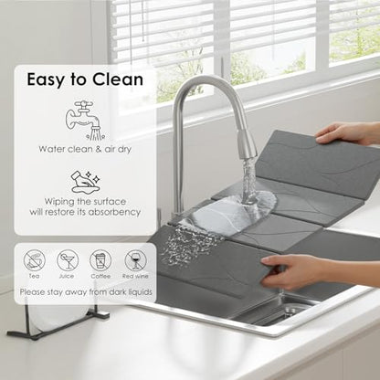 3 PCS Large Stone Dish Drying Mat for Kitchen Counter -24"x16" Absorbent Diatomaceous Earth Mat with Stone Faucet Mat & Soap Tray - Quick Dry, Collapsible, Non-Slip Countertop Organizer - color: Striped carving patterns