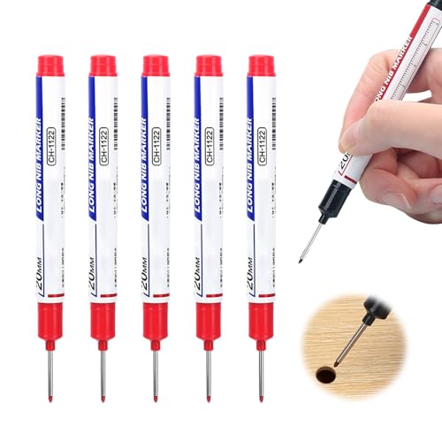 Eadwe 5PCS Long Head Deep Hole Marker Pens, 20mm Deep Reach Markers, Quick-dry Waterproof Long Nib Permanent Markers, Carpenter Ink Marker Pens, Construction Marking Tool, Metal Marking Pen (Red) - color: Red