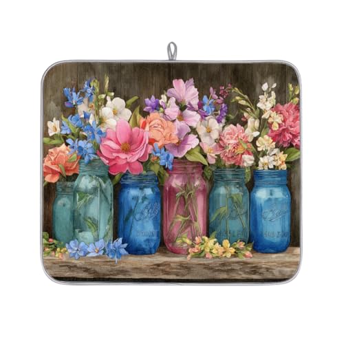 Dish Drying Mats for Kitchen Counter Vintage Colorful Mason Jars Flowers Drainer Rack Mat Super Absorbent Washable Dishes Drying Pad,18x16inch - size: 18x16inch