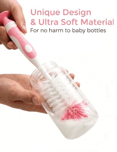 Baby Bottle Brush Set 4 in 1, Baby Bottle Cleaner, with 1P Nylon Bottle Brush, 1P Bottle Cap Brushes, 2P Straw Brushes, Bottle Brush with Nipple Cleaner and Suction Cup, BPA-Free(Pink) - color: Pink-nylon Brush