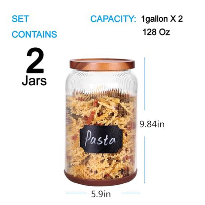 SAIOOL 2-Pack Striped Borosilicate Glass Airtight Canisters - Big mouth Large Capacity, Acacia Wood Lid, Food Storage Jars for Flour, Pasta, Pantry Organization (1 Gallon （2 Striped pack）) - size: 1 Gallon (Striped 2 pack)